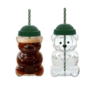 Bear Shaped Holiday Drink Cups with Straws - Green Lid